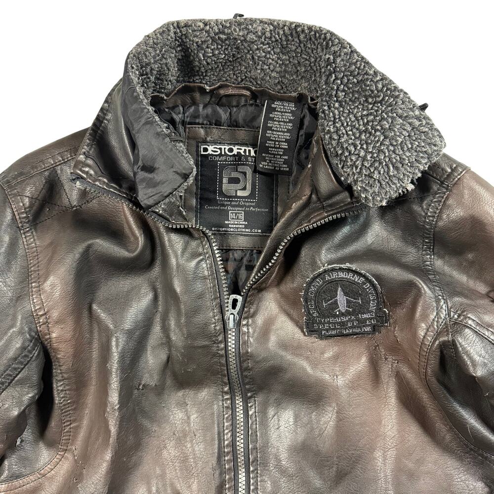 Distortion 14/16 Brown Faux Leather Bomber Jacket Sherpa Lined Military Style